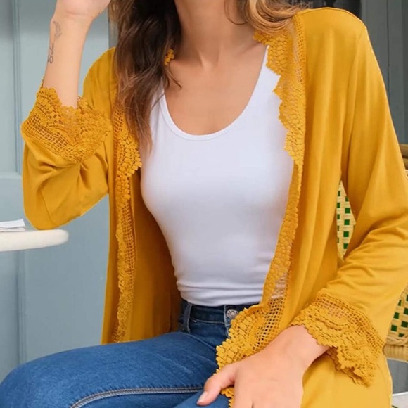 Yellow Lace trim Long Cardigan Kimono - Picture 5 of 5